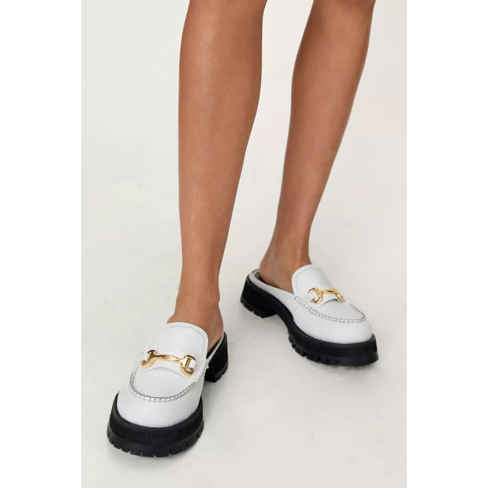 Nasty Gal Leather Chunky Backless Loafers White Gold Women UK 8 EU 41 US 10